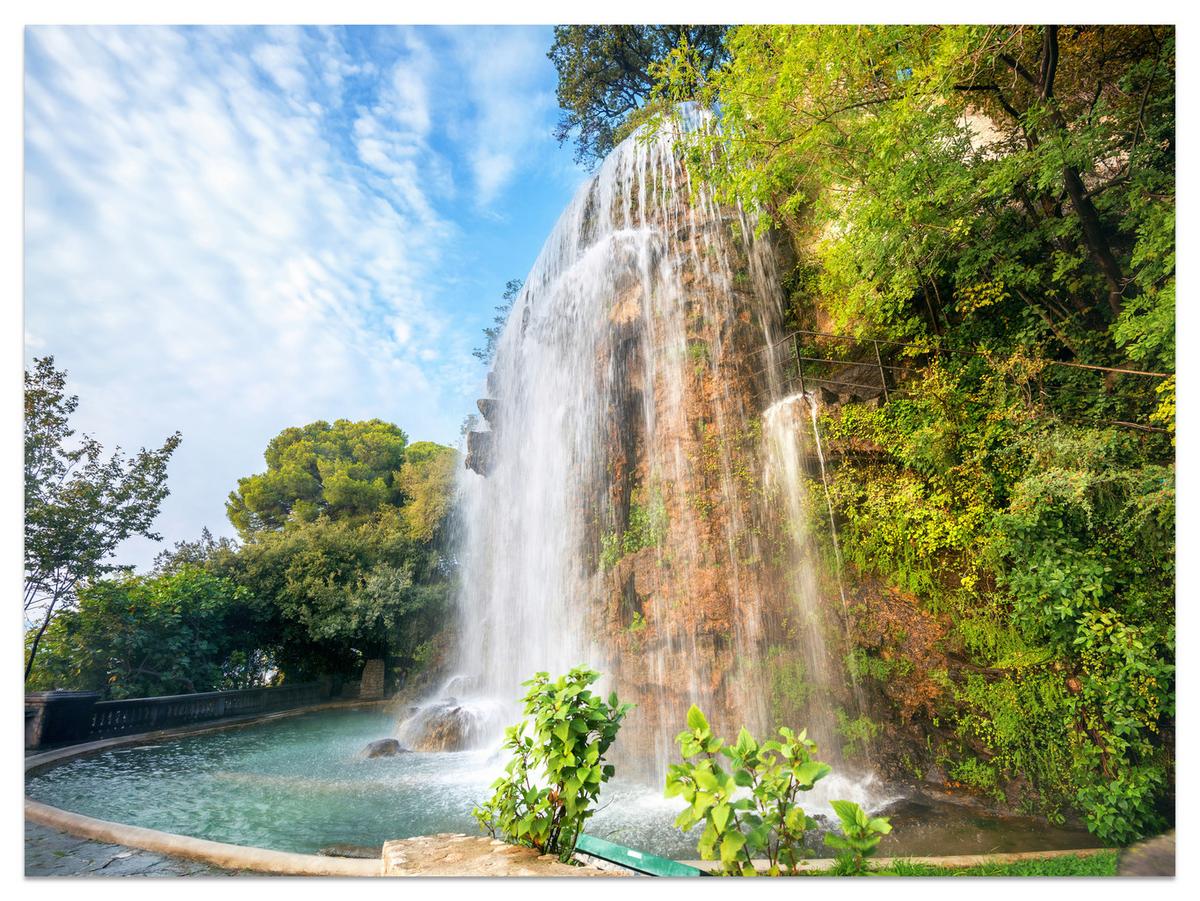 FOTOTAPETE für Wohnzimmer Wasserfall Nizza Felsen Pflanzen Bäume 500x350 - Blau/Beige, Papier (500/350cm) - Muralo