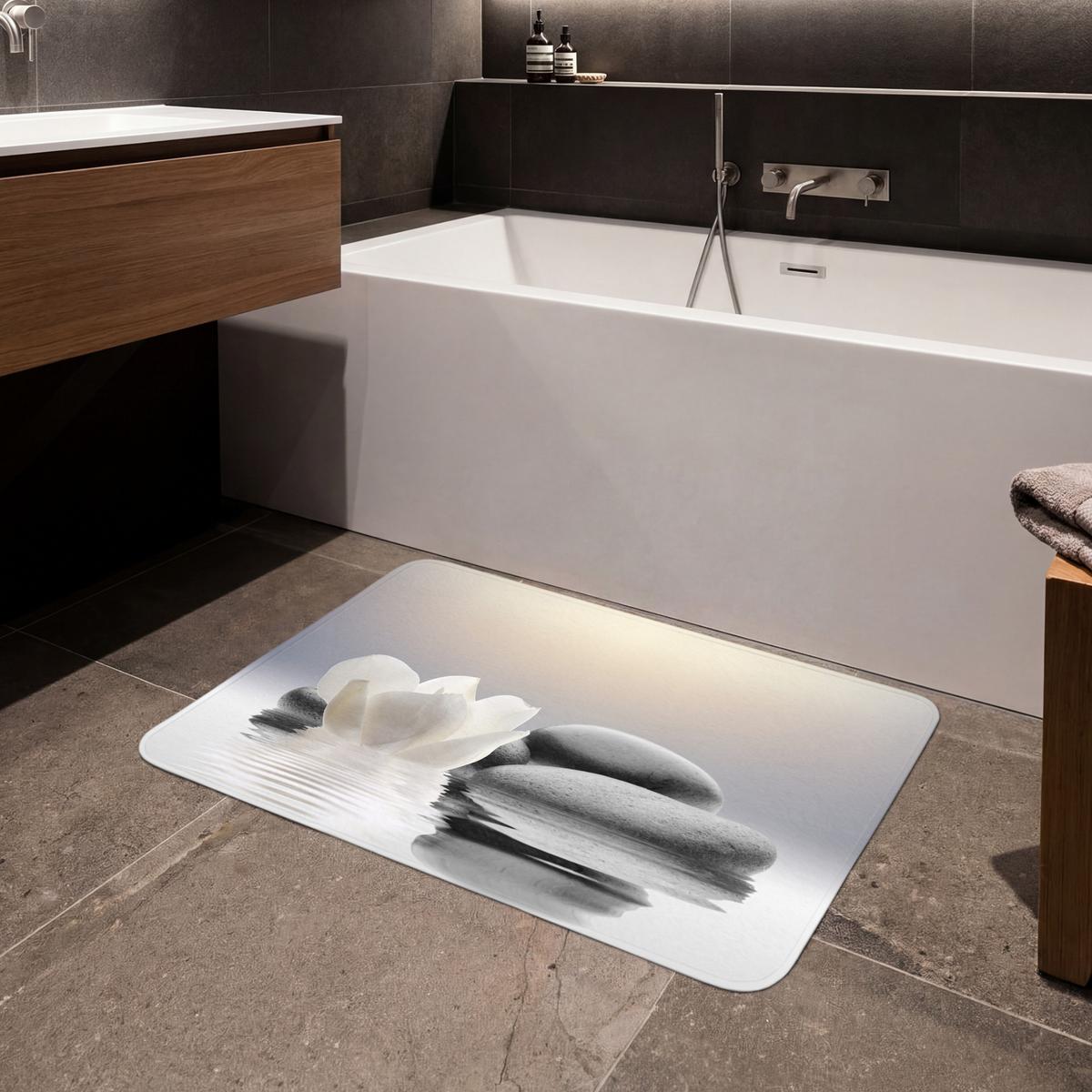 BADEMATTE Steine - Lotus - Weiß - Wasser - Zen 90x60 cm - Weiß, Textil (90/60cm) - OnlyWow