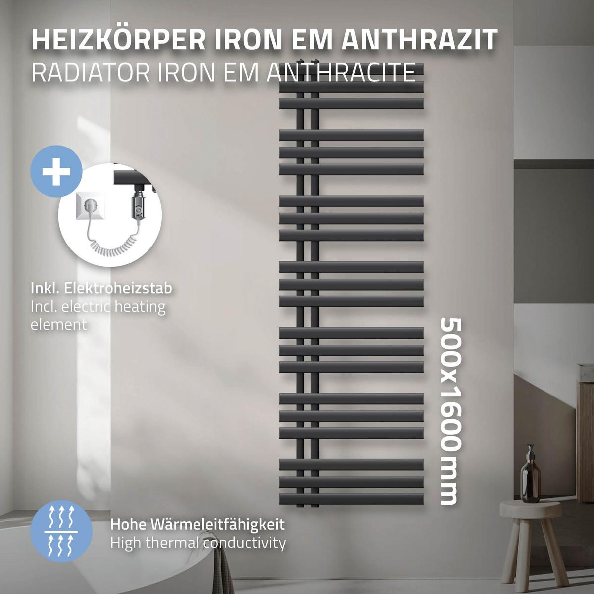 BADHEIZKÖRPER elektrisch Iron EM 500x1600 mm Anthrazit mit Heizstab 1200W - Anthrazit, Metall (50/160/3cm) - LuxeBath