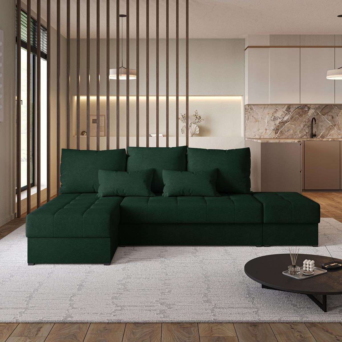 ECKSOFA NORVI Grün Geflochtener Stoff mit Schlaffunktion - Grün, Holz (251/143cm) - MASSENO