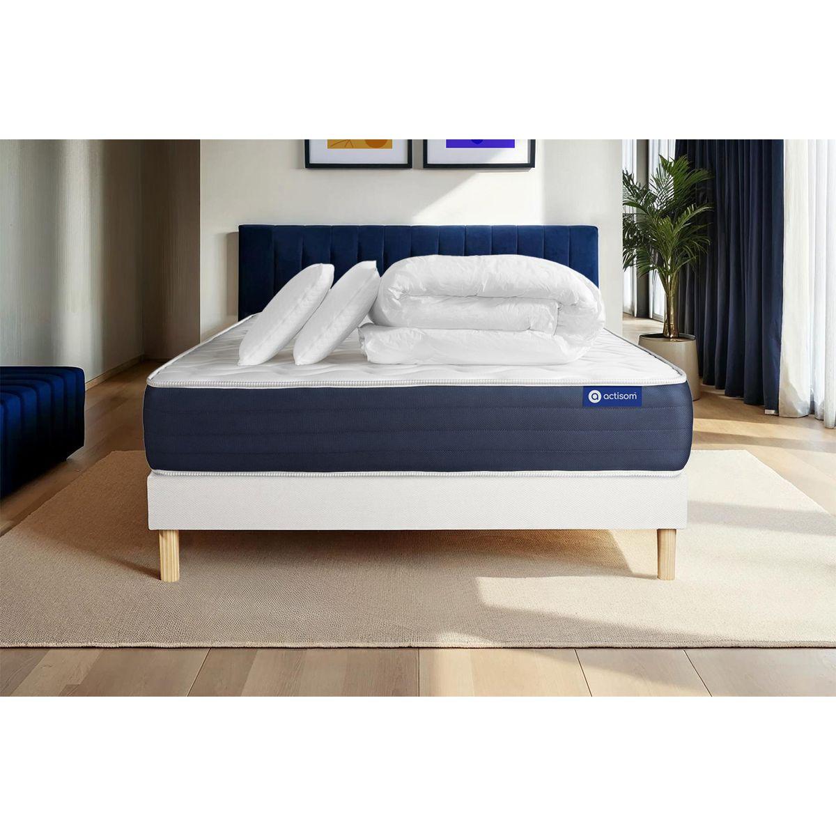 BETT Actimemo sleep Memory-Schaum 140 x 200 cm h1 - Kit Bettgestell Weiß - Mit Kissen und Bettdecke - Beige/Weiß, Karton/Holz (140/200cm) - ACTISOM