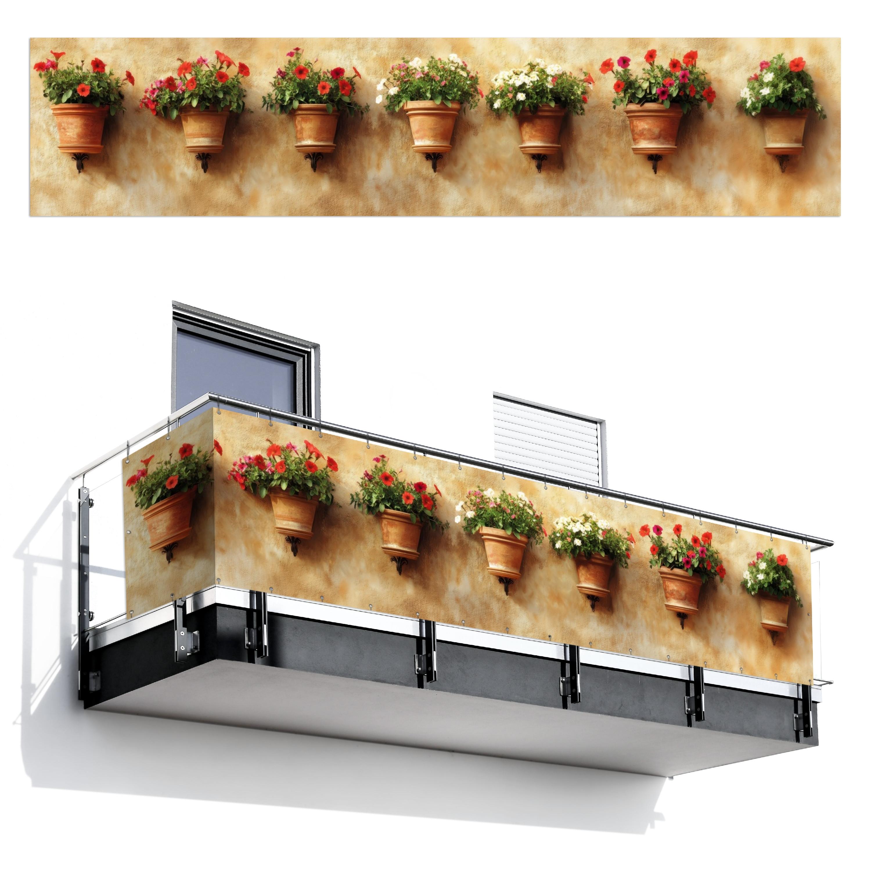 BALKON-SICHTSCHUTZ Blumentöpfe - Wand - Vintage Deko XXL 500x110 cm - Terracotta, Kunststoff (500/110cm) - MuchoWow