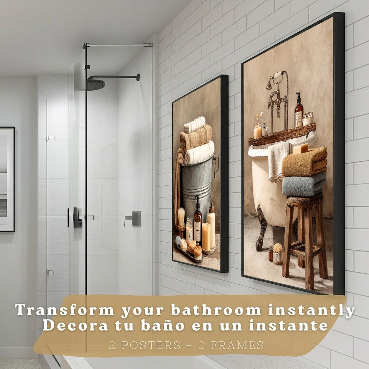 POSTER 2er-Set dekorative Badezimmerdrucke, rustikaler Stil, Vintage-Spa-Bilder mit Handtüchern und Badewanne,, Wohndekoration Schwarzer Rahmen A4 - Schwarz, Papier (29.7/21/3cm) - Nacnic