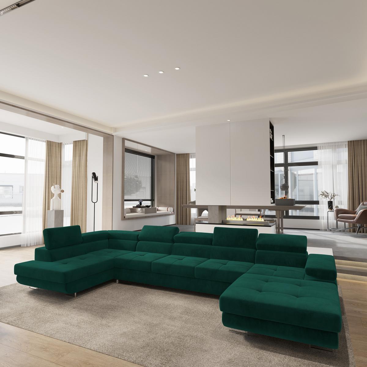 WOHNLANDSCHAFT TORIVA L-S Grün Velours-Stoff mit Schlaffunktion - Grün, Holz (418/90/202cm) - MASSENO