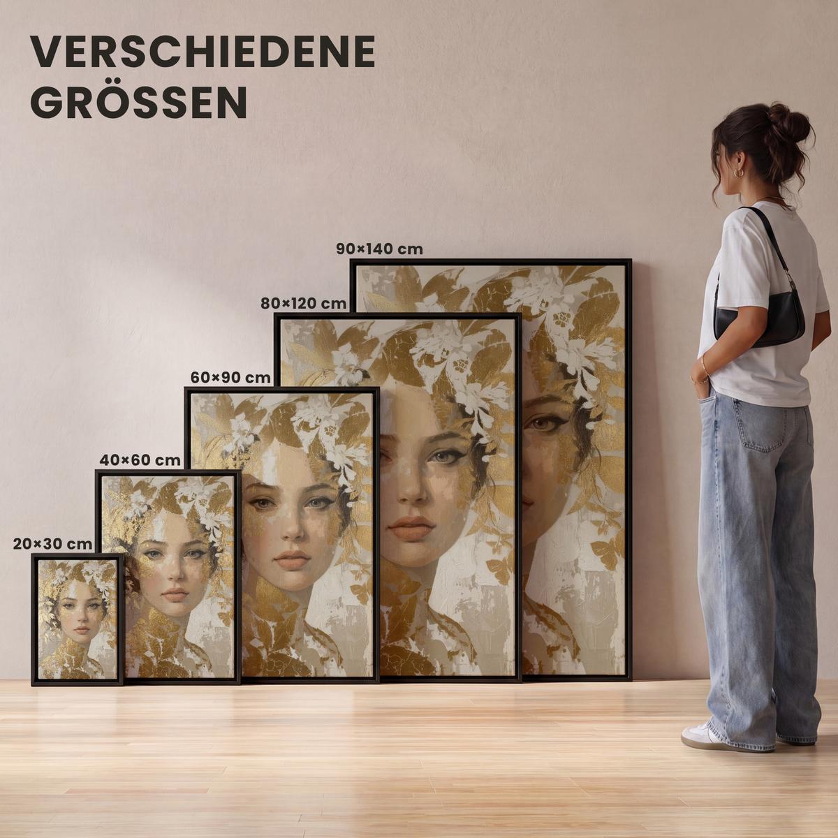 LEINWAND Bilder mit Rahmen - Gesicht - Frau - Blätter - Gold - 90x140 - Beige, Textil (90/140cm) - MuchoWow