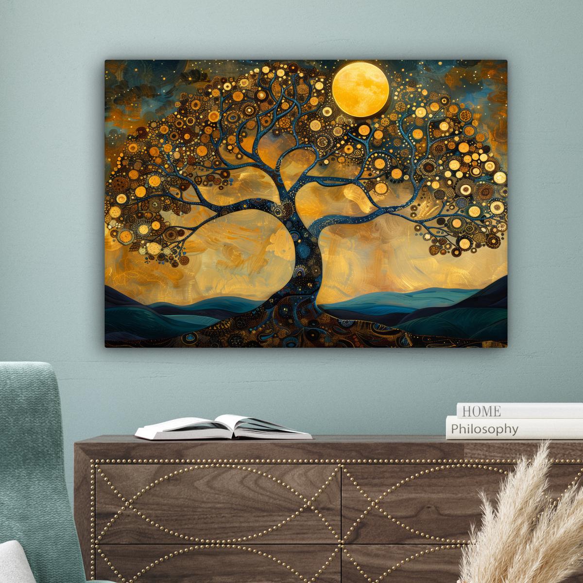 LEINWANDBILD Baum - Mond - Blumen - Gold - Kunst Wandbilder 80x60 cm - Orange, Textil (80/60cm) - MuchoWow