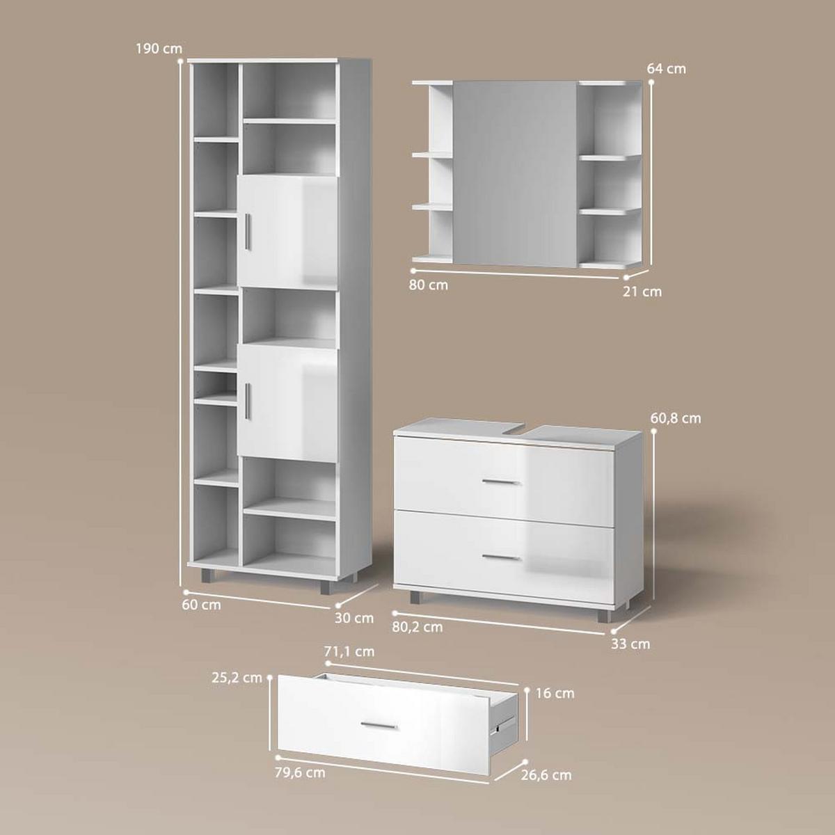 BADMÖBEL-SET Eisak Weiß Hochglanz 3 Teile, mit Hochschrank - Weiß Hochglanz, Holzwerkstoff (80/60/33cm) - Livinity®