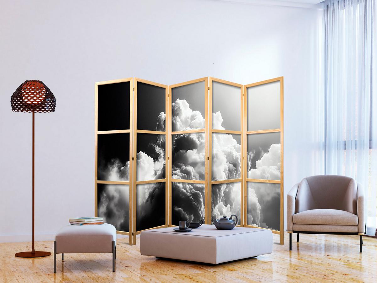 PARAVENT Japanischer 5-tlg 225x172 cm Schwarz-Wei e Wolken - Schwarz, Holz/Textil (225/172/3cm) - Muralo