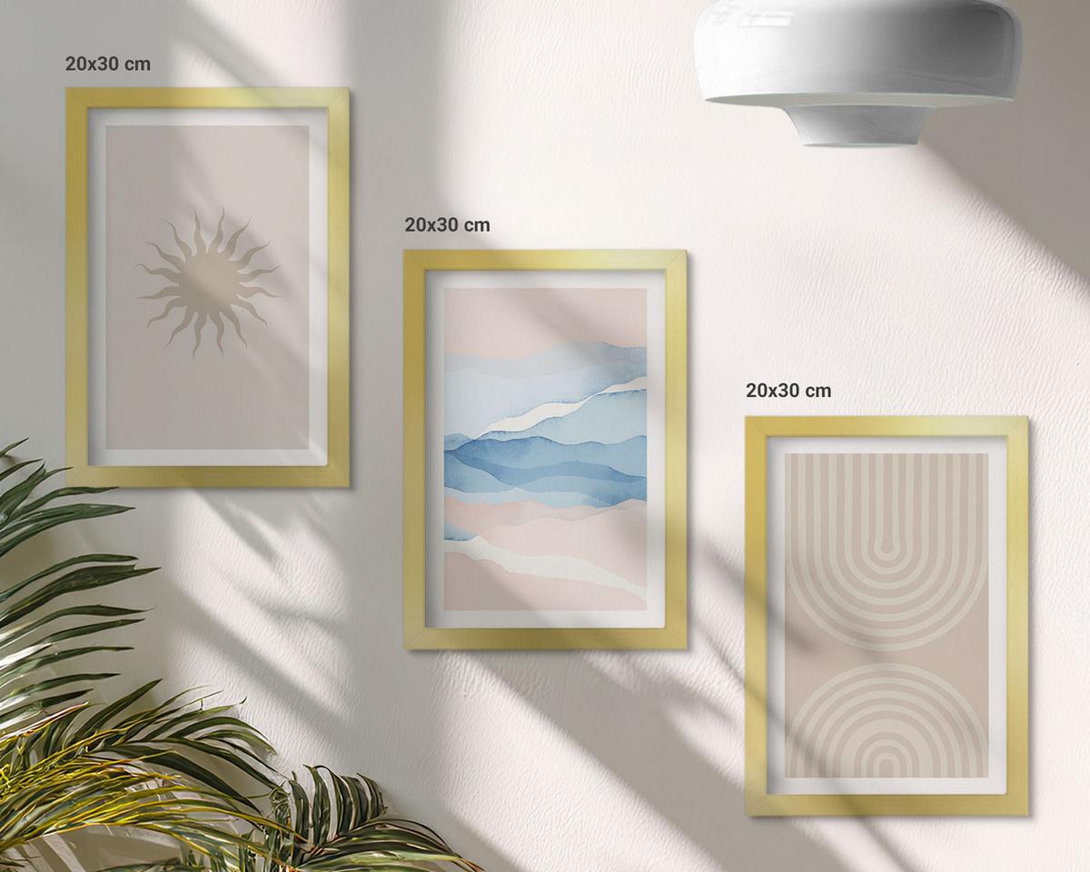 BILDER SET 3er Set - 20x30 cm Goldrahmen - Sonnenwellen abstrakte Linien Pastell - Goldfarben, Kunststoff (20/30cm) - TULUP