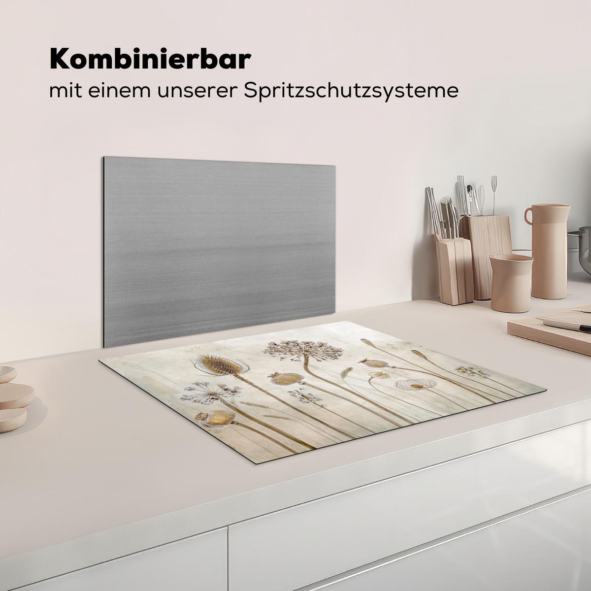 HERDABDECKPLATTE Blumen - Aquarell - Stilleben - Braun - Vintage Herdabdeckung Induktionsfeld 65x52 cm - Sandfarben, Kunststoff (65/52/0.2cm) - MuchoWow