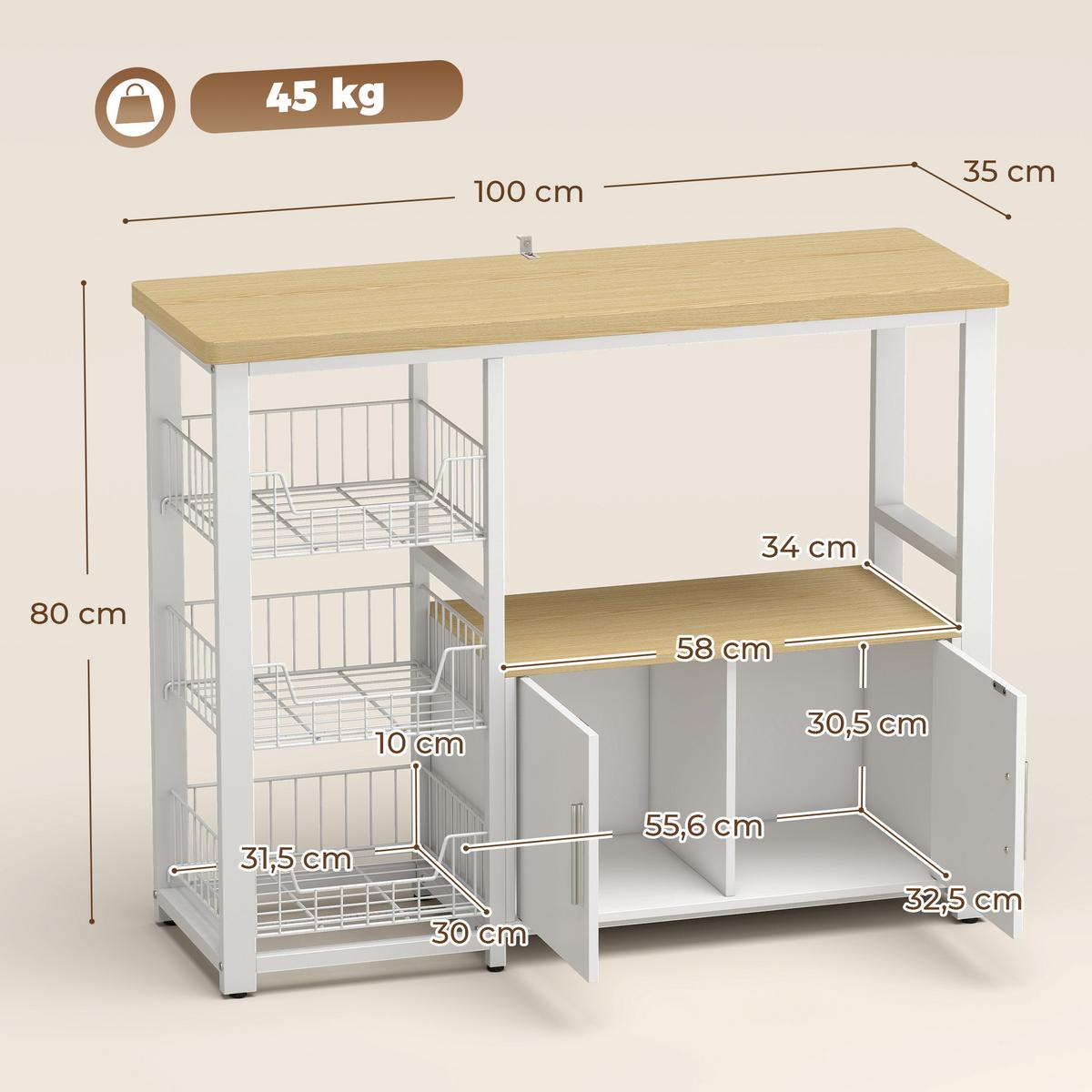 KÜCHENREGAL Spanplatte Kohlenstoffstahl Eiche Weiss - Weiß, Holzwerkstoff/Kunststoff (35/80/100cm) - HOMCOM