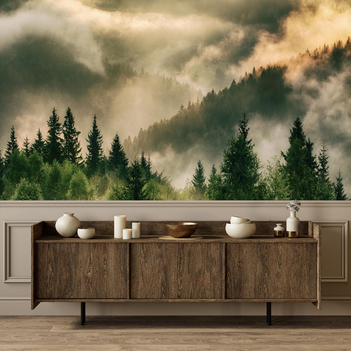 FOTOTAPETE für Wohnzimmer Neblige Landschaft Bergwald Nadelbäume 250x175 - Gelb/Orange, Papier (250/175cm) - Muralo