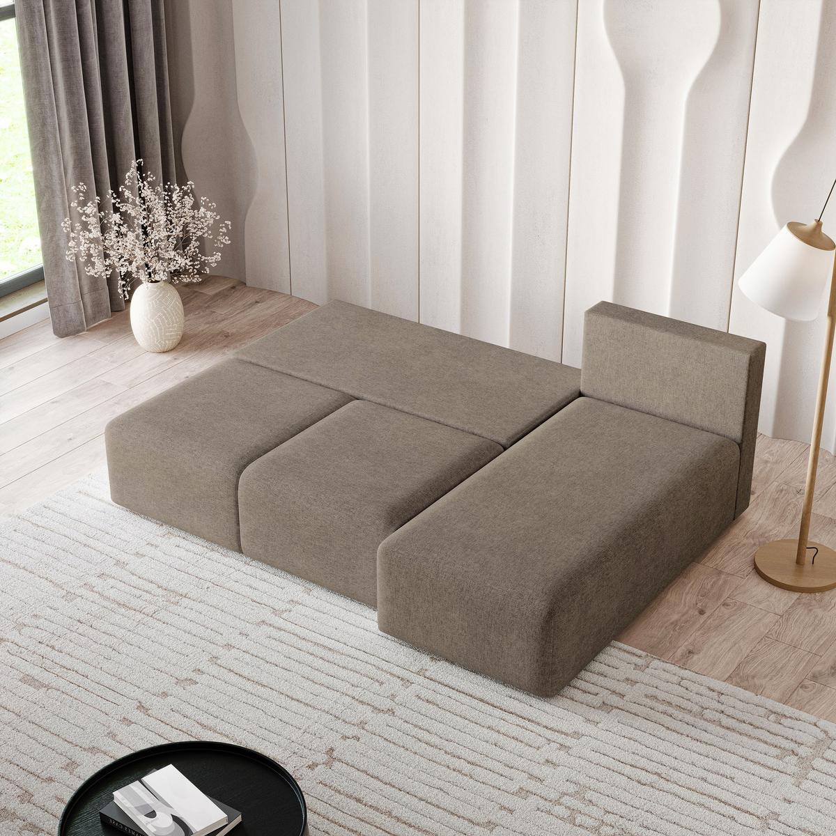 ECKSOFA TRAMA Braun Geflochtener Stoff mit Schlaffunktion - Braun, Holz (200/143cm) - MASSENO