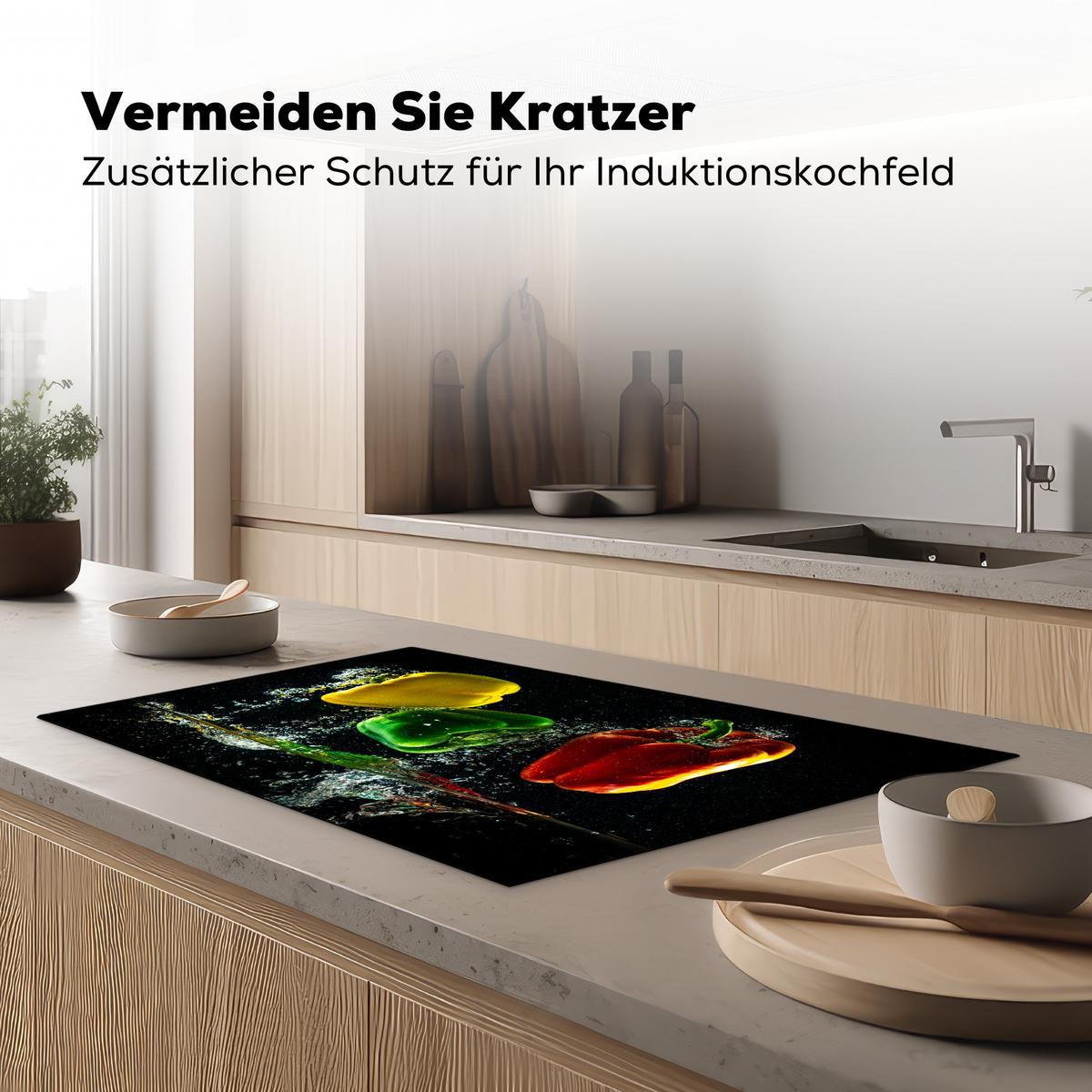 HERDABDECKPLATTE Paprika - Gemüse - Wasser - Schwarz - Rot - Grün - Gelb Ceranfeldabdeckung 85x52 cm - Multicolor, Kunststoff (85/52/0.2cm) - MuchoWow