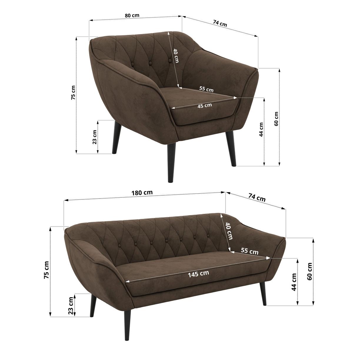 SITZGARNITUR PIRS 3+3+1 - Braun Velvet - Schwarze Beine - Dunkelbraun/Schwarz, Holzwerkstoff/Textil (180/75/74cm) - MKS