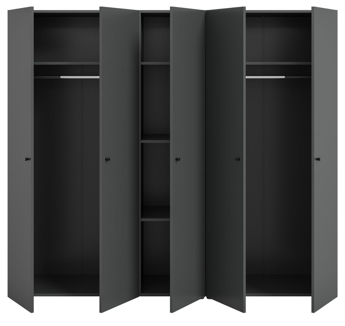 KLEIDERSCHRANK grau 5-türig 200 cm, Drehtürenschrank mit Kleiderstangen - Schwarz/Grau, Holzwerkstoff/Kunststoff (200/176/51cm) - Inn.Furn