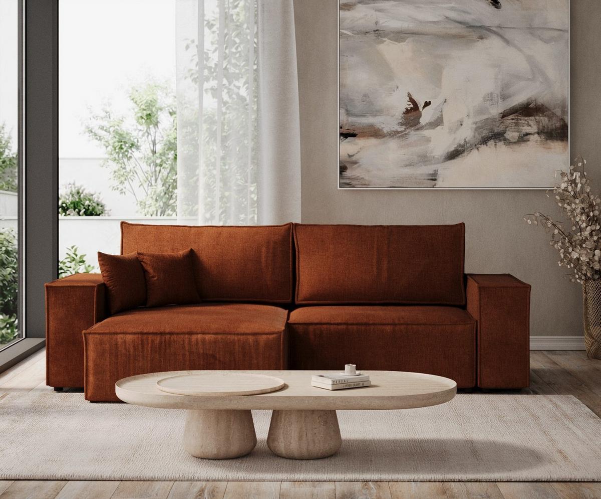 ECKSOFA CAVO mit Schlaffunktion Kupfer im Wind Stoff - Schwarz/Kupferfarben, Holz/Holzwerkstoff (255/148cm) - AltaBeds