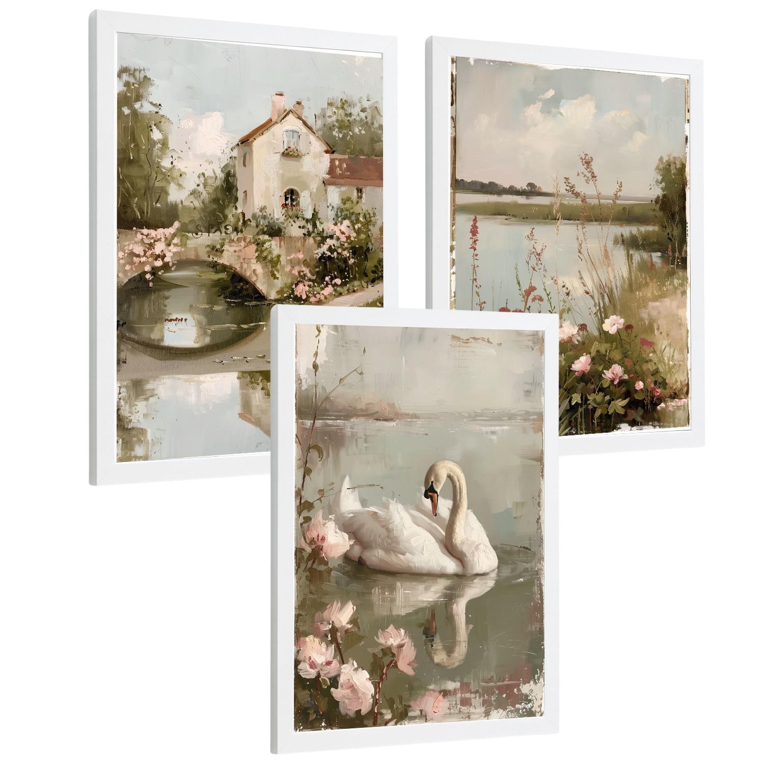 POSTER 3er Bilder-Set Wandbilder Ölmalerei modern Wohnzimmer Deko, Schlafzimmer, Küche, Badezimmer Weißer Rahmen A3 - Weiß, Papier (29.7/1/42cm) - Nacnic