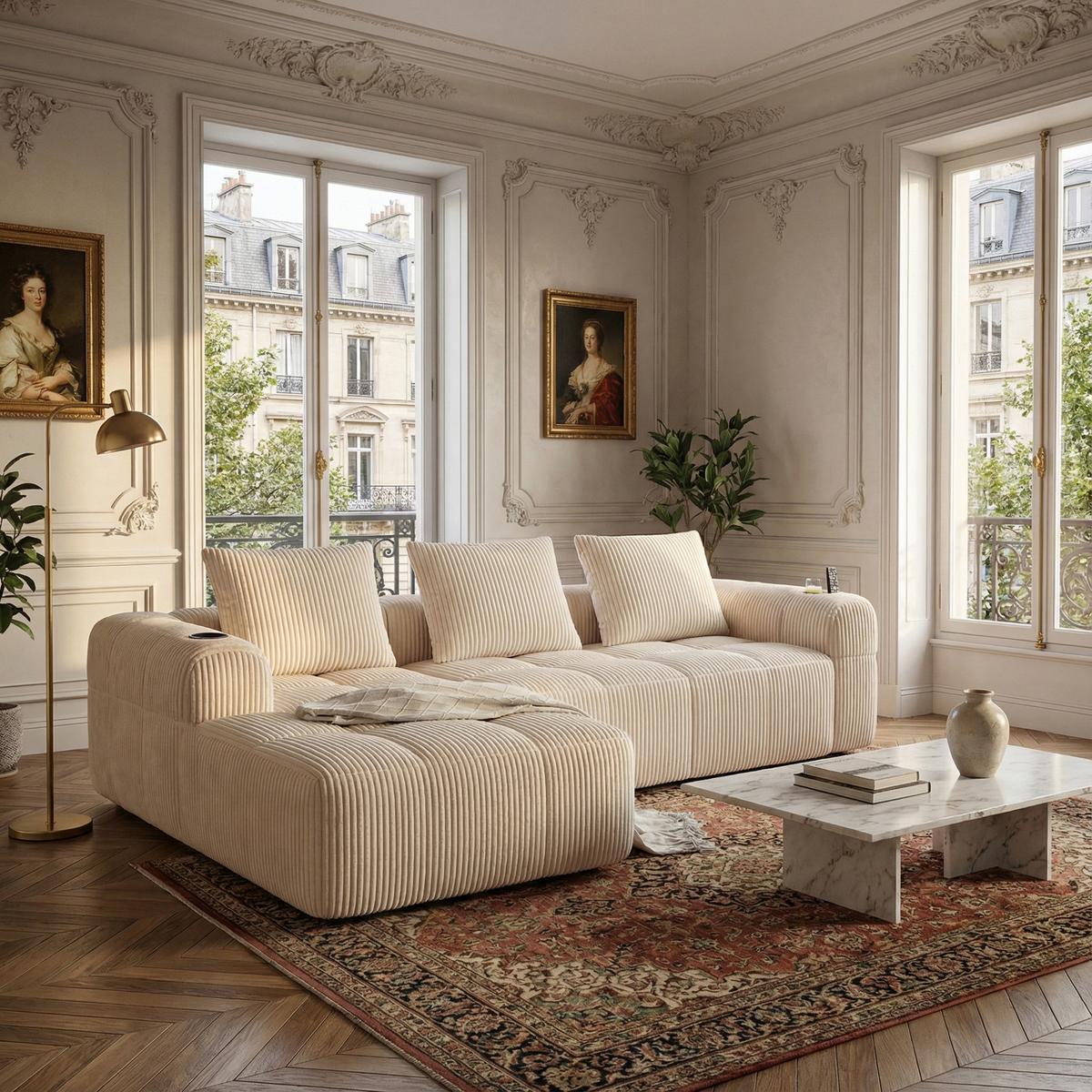 ECKSOFA 3-Sitzer mit Getränkehalter, Seitentaschen & 3 Kissen - Beige, Textil (253/158cm) - Urban Meuble