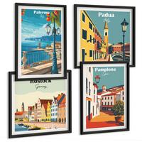 BILDER SET 4er Set - 50x50 cm & 40x60 cm Schwarzer Rahmen - Retro-Stadtillustrationen - Schwarz, Kunststoff (50/50cm) - TULUP