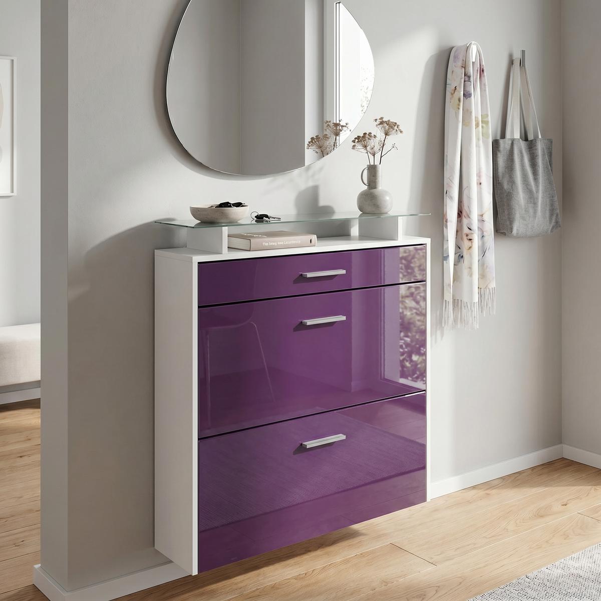 SCHUHSCHRANK Malea Front in Brombeer Hochglanz - Brombeere, Holzwerkstoff (89/96/23cm) - Vladon