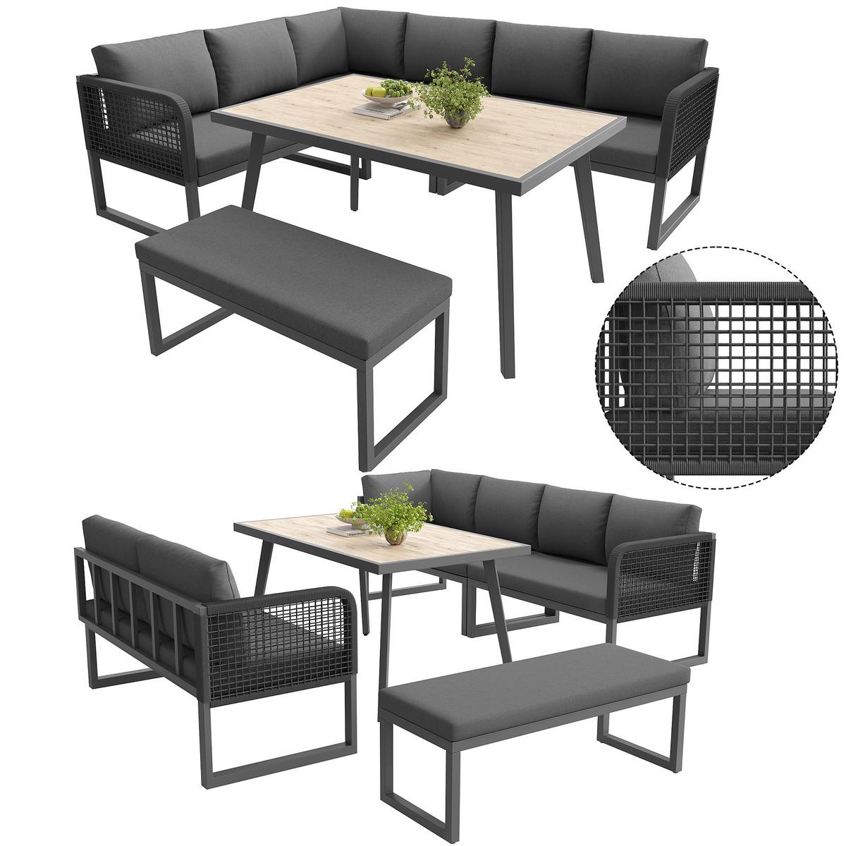 LOUNGEGARNITUR 6-tlg. PE-Rattan Grau Ecksofa mit Tisch & Bank für Terrasse - Grau, Textil - Urban Meuble