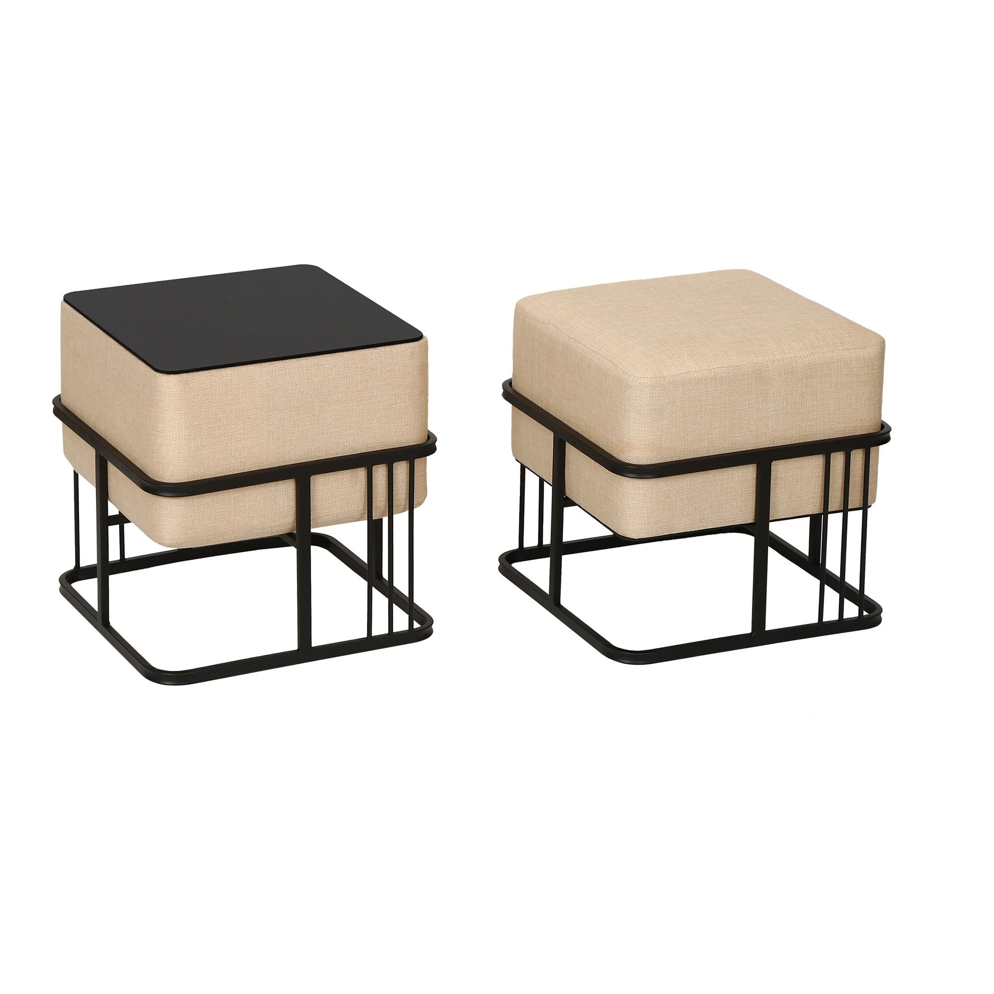 HOCKER-SET 2-TLG. Tas - Beige/Schwarz, Holzwerkstoff/Textil (38/38/38cm) - [en.casa]