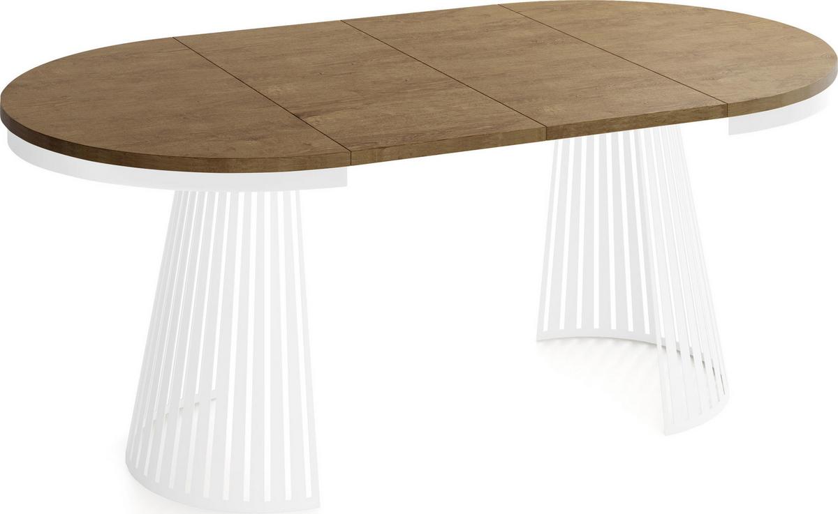 ESSTISCH Naro rund ausziehbar mit Weißem Lamellen-Metallgestell, Braun 120-200/120/76 cm - Alteiche/Weiß, Holzwerkstoff/Metall (120/196/76cm) - WFL GROUP