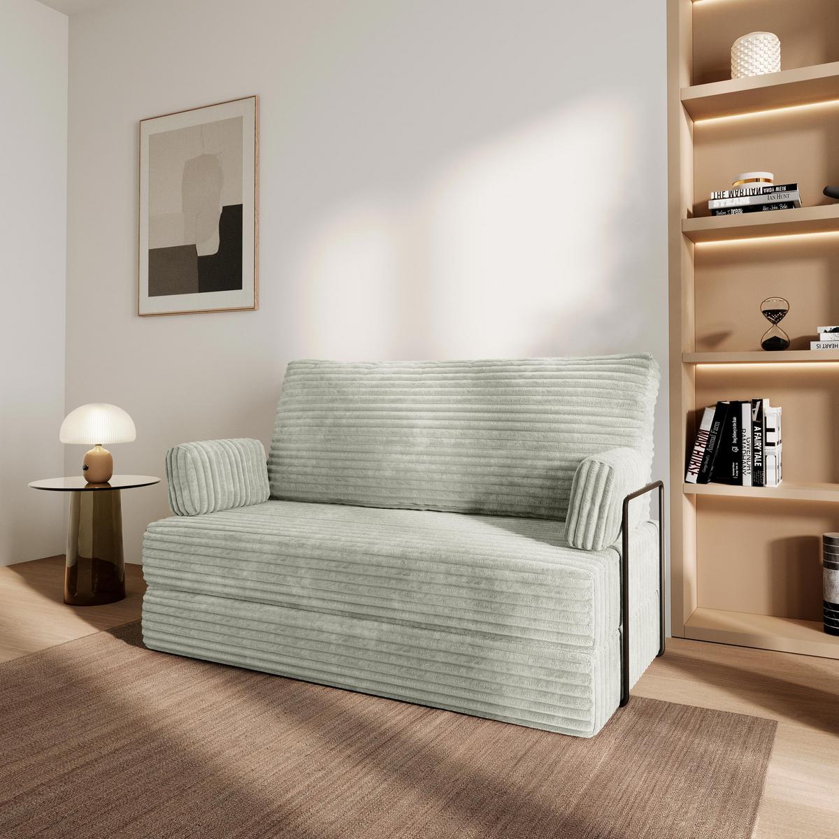 BETTSOFA LADIA aus Schaumstoff Kordstoff Hellgrau Schlaffunktion - Hellgrau, Textil (140/86/60cm) - MASSENO