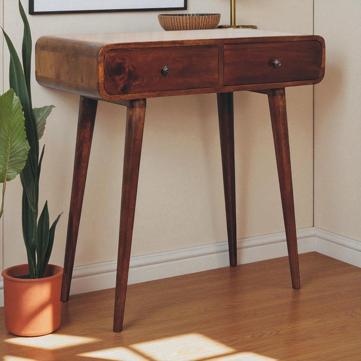 KONSELENTISCH mit 2 schubladen, Nordische Beine, Braun - Kastanienfarben/Messingfarben, Holz/Metall (35/80/78cm) - Artisan Furniture