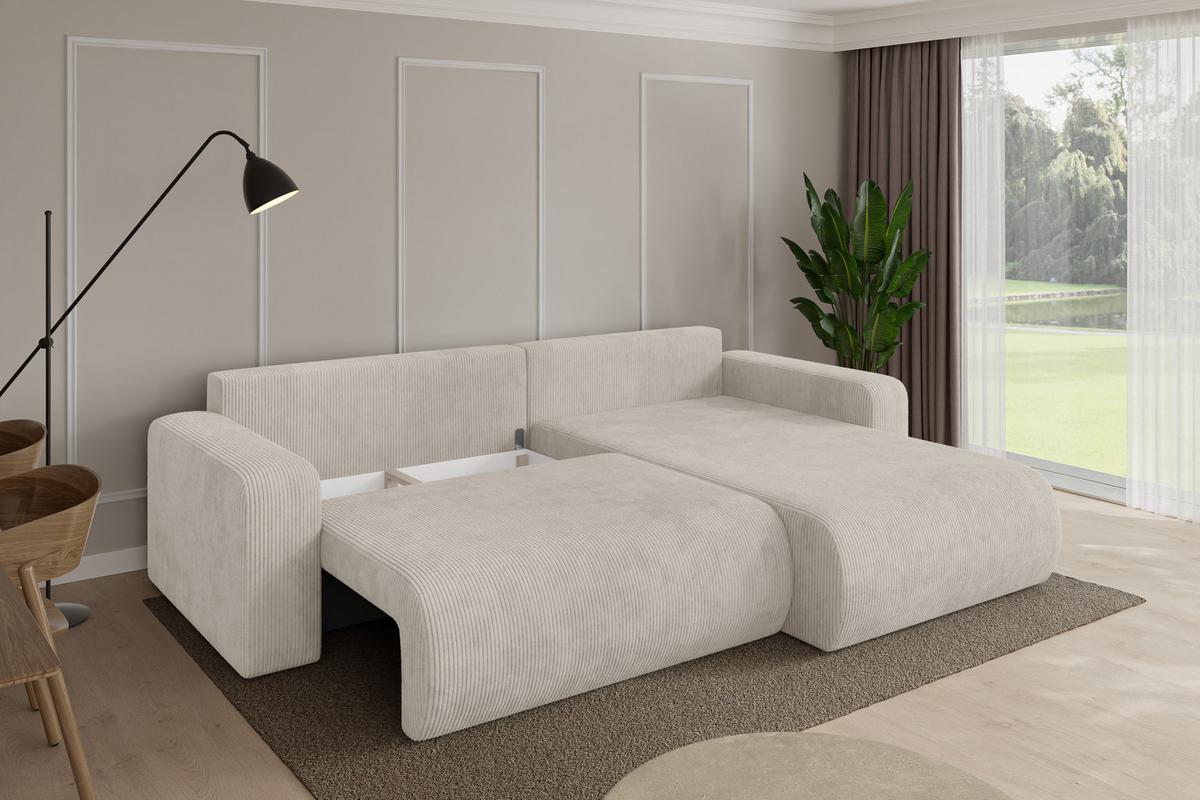 ECKSOFA mit Schlaffunktion Ottomane Rechts BERY-L 276x193x88 Creme Cord - Ecru/Creme, Holzwerkstoff/Kunststoff (276/193cm) - ALTDECOR