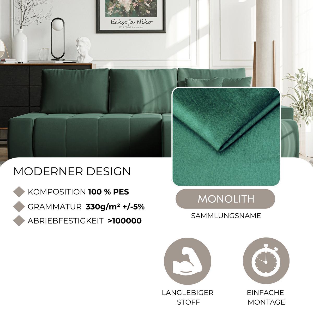 ECKSOFA NIKO Links, mit Schlaffunktion und Bettkasten, Grün - Grün, Textil (227/153cm) - Idohome