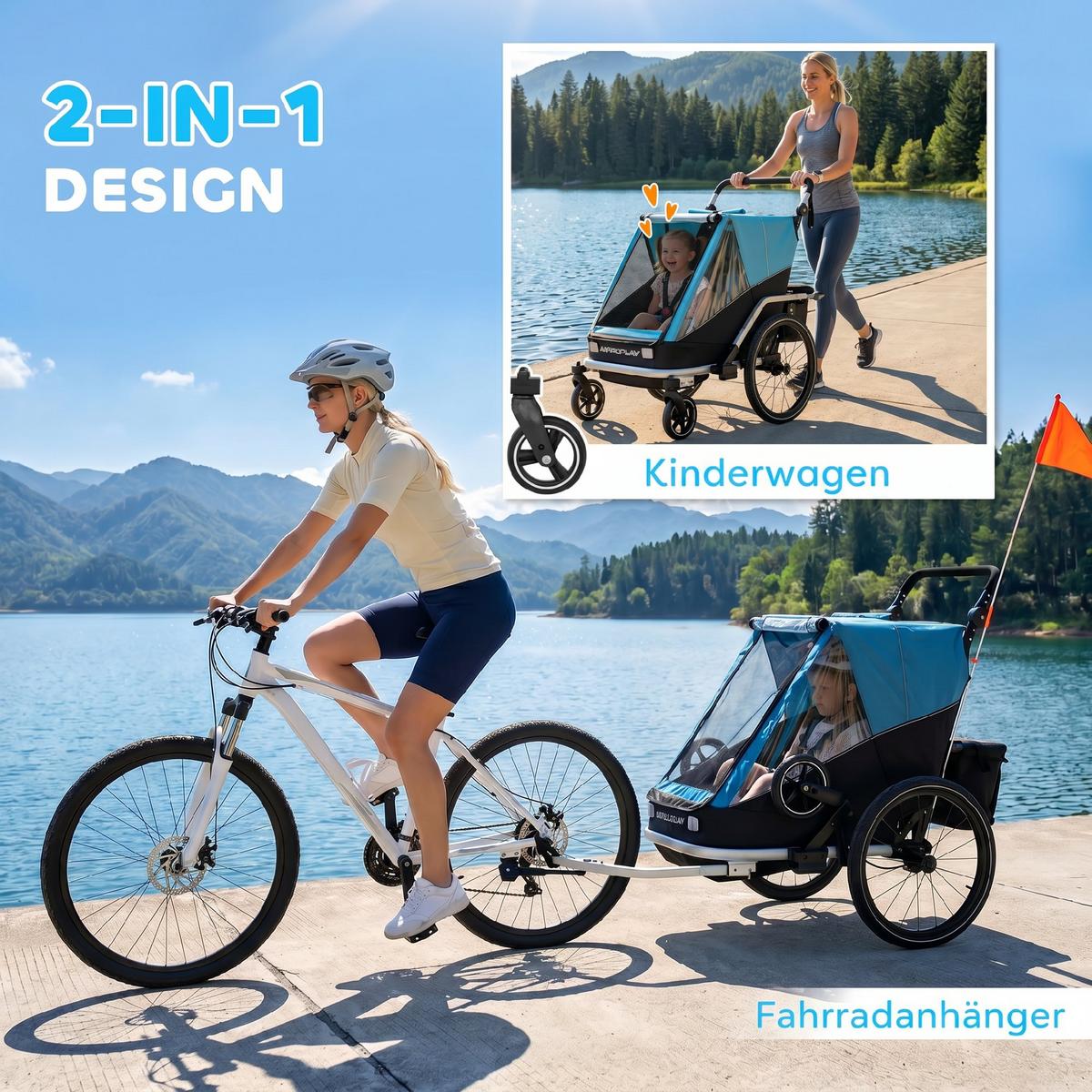 KINDERFAHRRADANHÄNGER Stahl Oxford Gewebe Blau - Blau, Metall (82/102/155cm) - AIYAPLAY