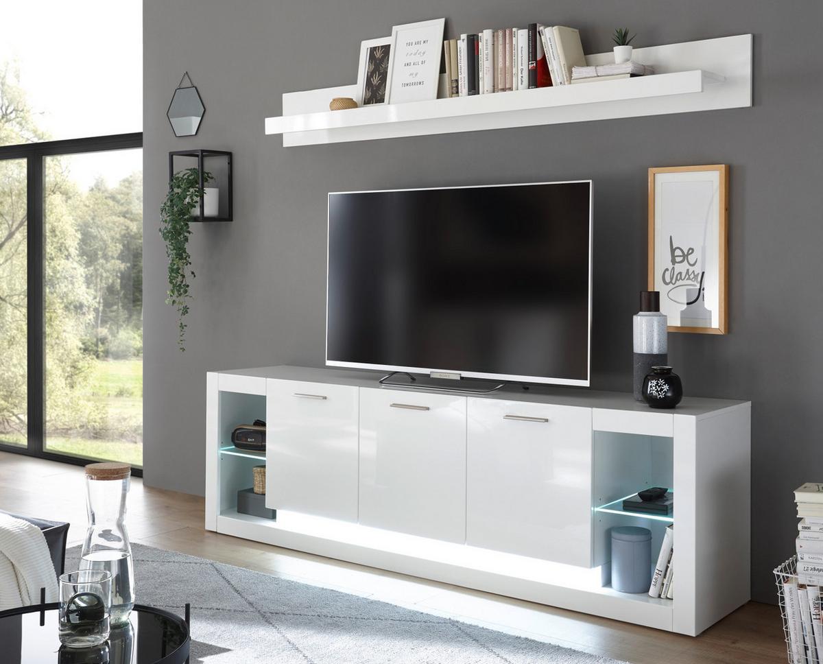 TV-LOWBOARD weiß Hochglanz 200 cm, TV Unterschrank mit Komforthöhe - Weiß Hochglanz/Silberfarben, Glas/Holzwerkstoff (198/61/43cm) - Furn.Design