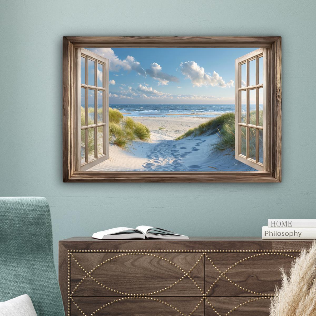 LEINWANDBILD Aussicht - Strand - Fenster - Dünen - Meer Wanddeko 90x60 cm - Hellblau, Textil (90/60cm) - MuchoWow