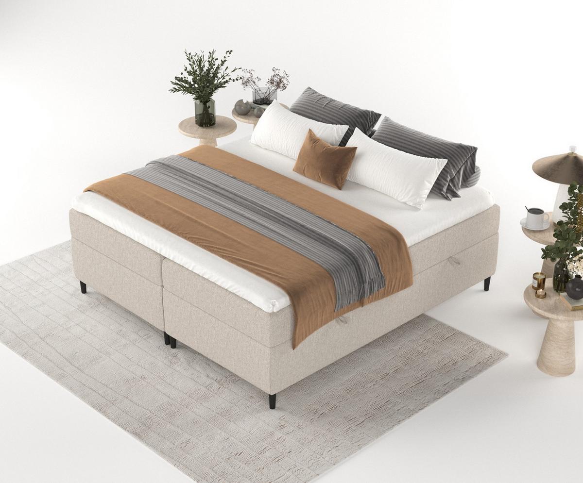 BOXBETT Theo 120/200 cm Hellbeige im Megan Stoff - Sandfarben/Schwarz, Holz/Holzwerkstoff (120/200cm) - AltaBeds