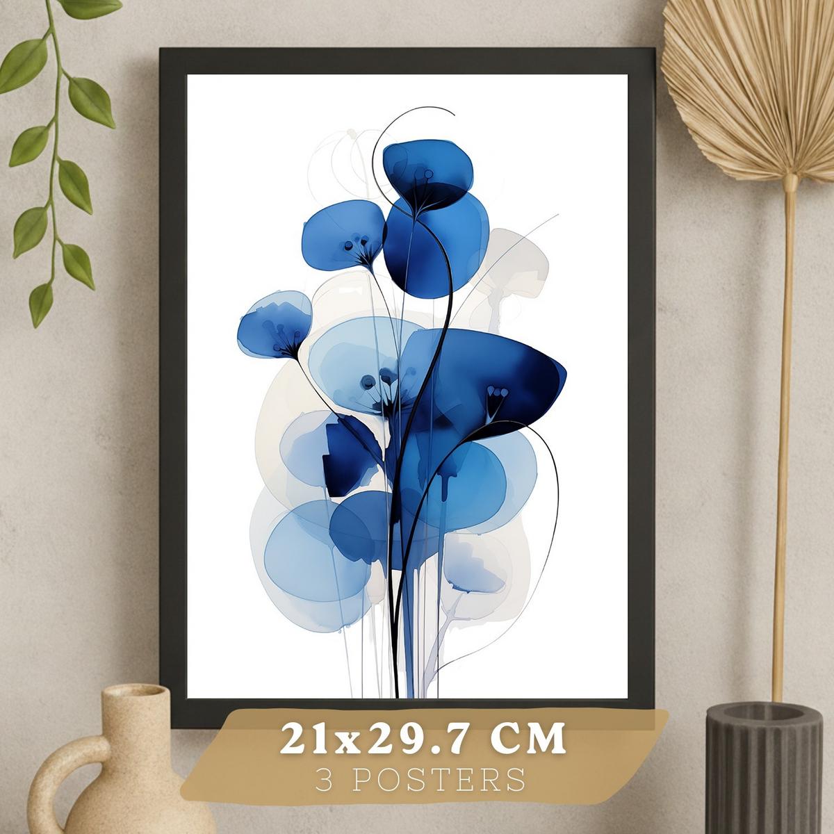 POSTER 3er-Set Wandbilder Blumen Blau modern Wohnzimmer Deko, Schlafzimmer, Küche, Badezimmer Schwarzer Rahmen A4 - Schwarz, Papier (29.7/1/21cm) - Nacnic