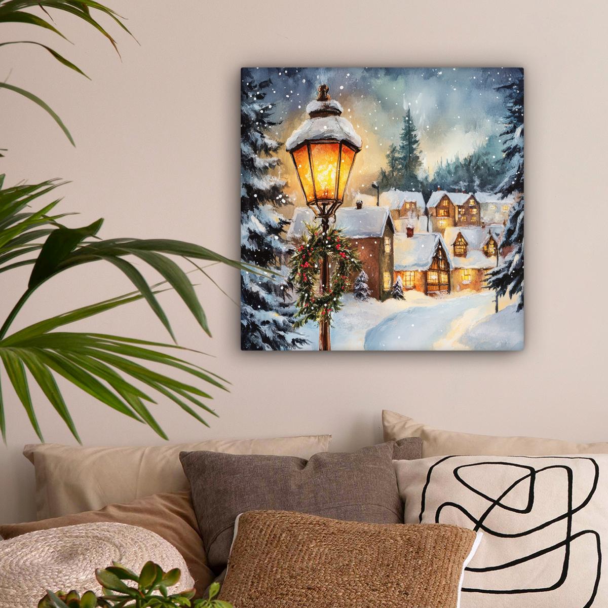LEINWANDBILD Weihnachtsdorf - Häuser - Schnee - Weihnachten Wandbild Wohnzimmer 50x50 cm - Sandfarben, Textil (50/50cm) - MuchoWow
