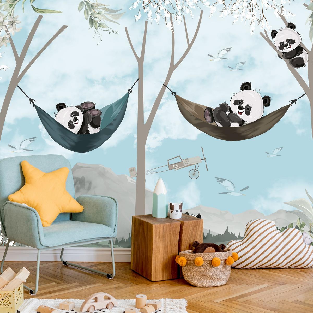 FOTOTAPETE für Kinderzimmer Pandas in Hängematten Märchenwald Blumen Berge 200x140 - Schwarz/Weiß, Papier (200/140cm) - Muralo