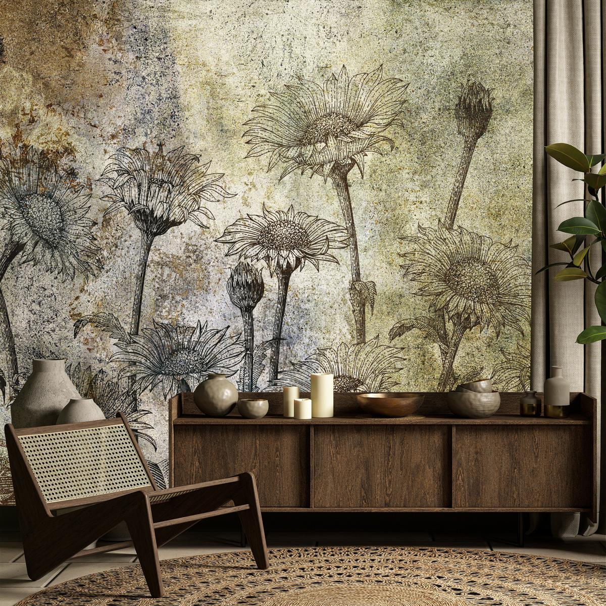 FOTOTAPETE Abstrakte Sonnenblumen Beton Retro 200x140 - Beige/Braun, Papier (200/140cm) - Muralo