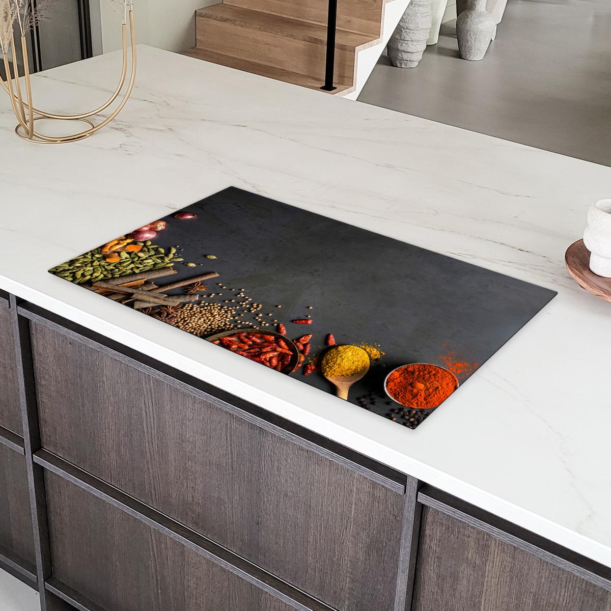 HERDABDECKPLATTE Kräuter - Lebensmittel - Gewürze - Schwarz - Paprika - Zimt Induktionsschutz 89.6x51.6 cm - Currygelb, Kunststoff (89.6/51.6/0.2cm) - MuchoWow