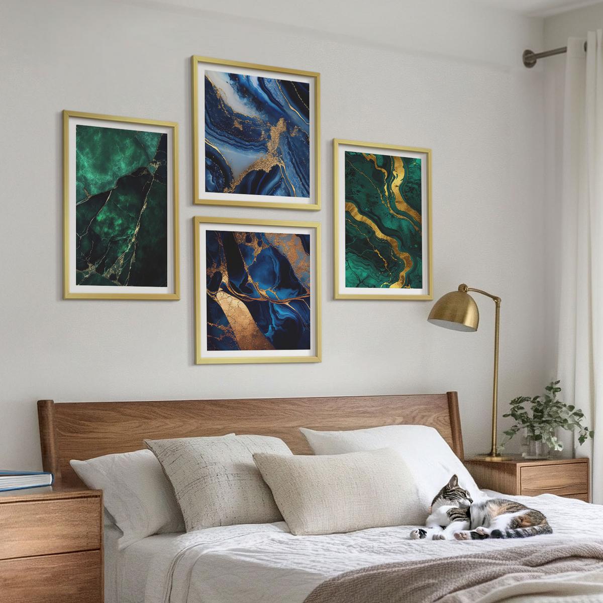BILDER SET 4er Set - 50x50 cm & 40x60 cm Goldrahmen - Elegante Muster auf Steinen - Goldfarben, Kunststoff (50/50cm) - TULUP