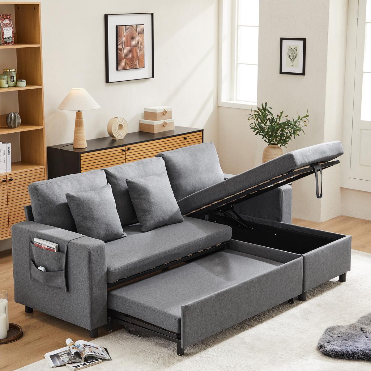 SCHLAFSOFA Modernes 3-Sitzer mit Stoffbezug, Dunkelgrau – Komfortabel, platzsparend, langlebig, 210 x 90 x 85 cm - Grau, Holzwerkstoff/Textil (219/83/143cm) - Urban Meuble