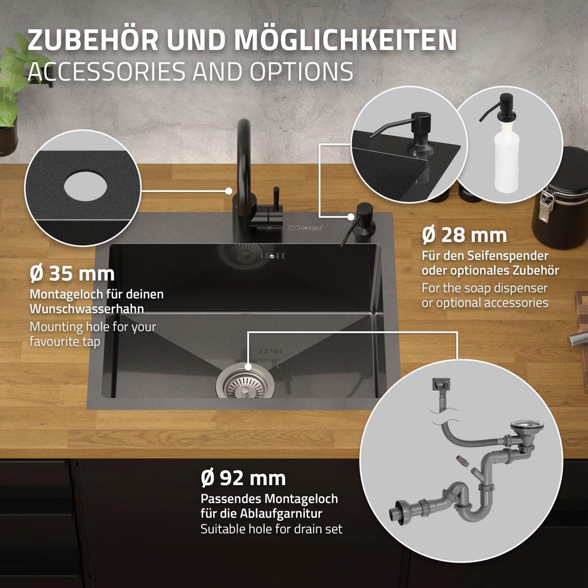 SPÜLBECKEN aus Edelstahl 55x45 cm Anthrazit mit Siphon und Seifenspender - Anthrazit, Metall (45/19/55cm) - ML-DESIGN