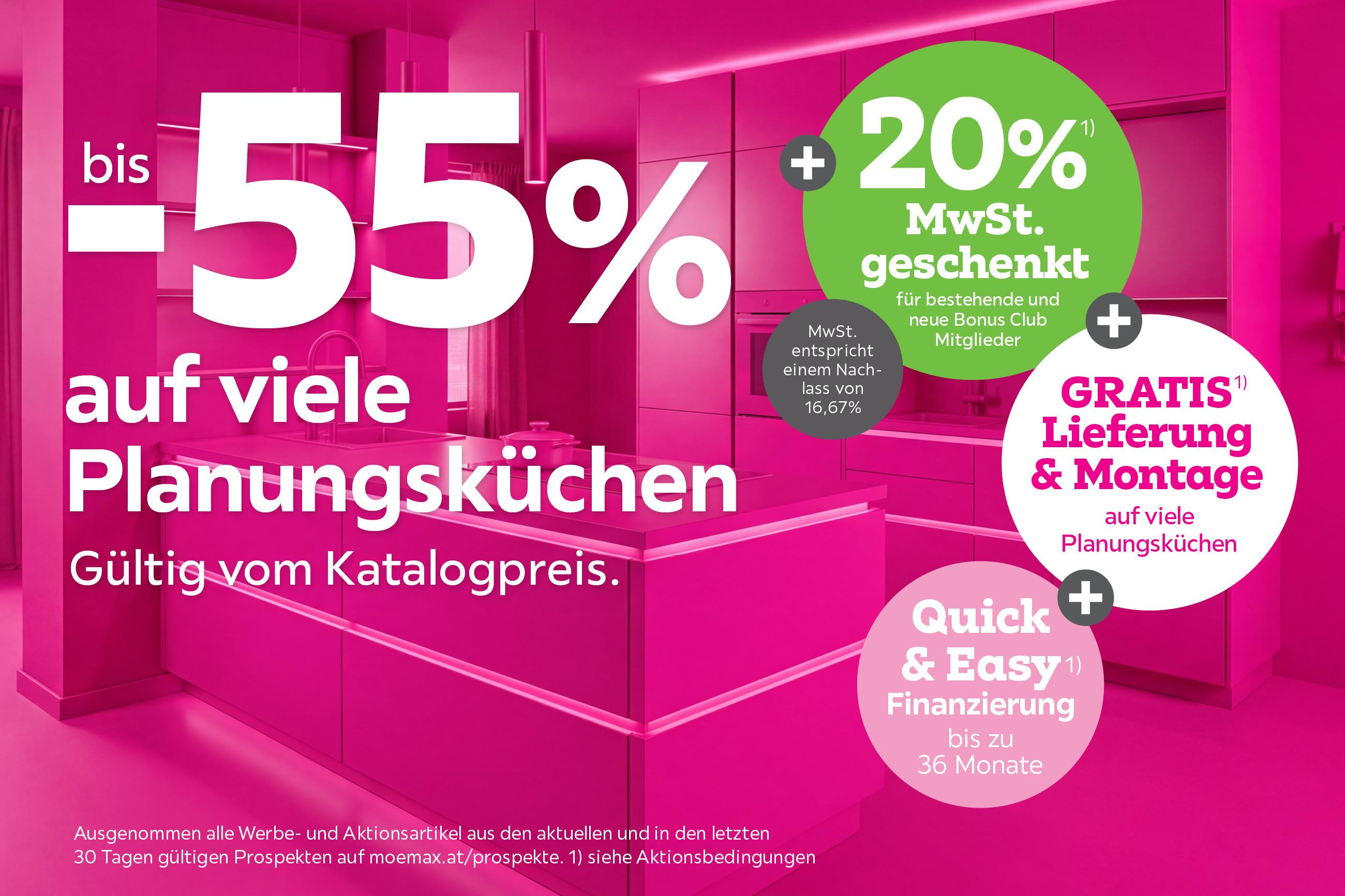 bis -55% auf viele Planungsküchen + 20% MwSt. geschenkt für bestehende und neue Bonus Club Mitglieder + Gratis Lieferung & Montage auf viele Planungsküchen