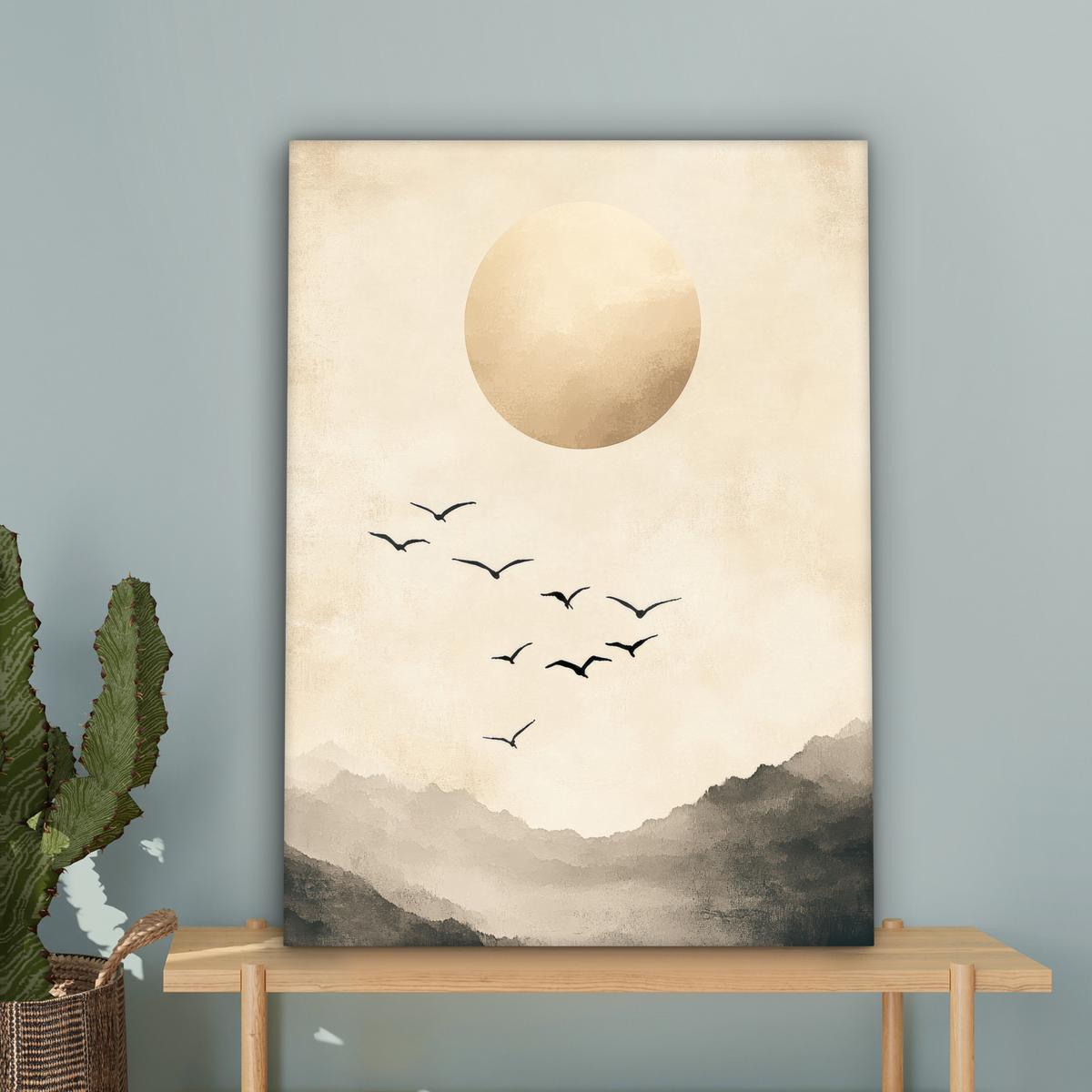 LEINWANDBILD Landschaft - Japandi - Vogel Wandbild Wohnzimmer 60x80 cm - Beige, Textil (60/80cm) - MuchoWow