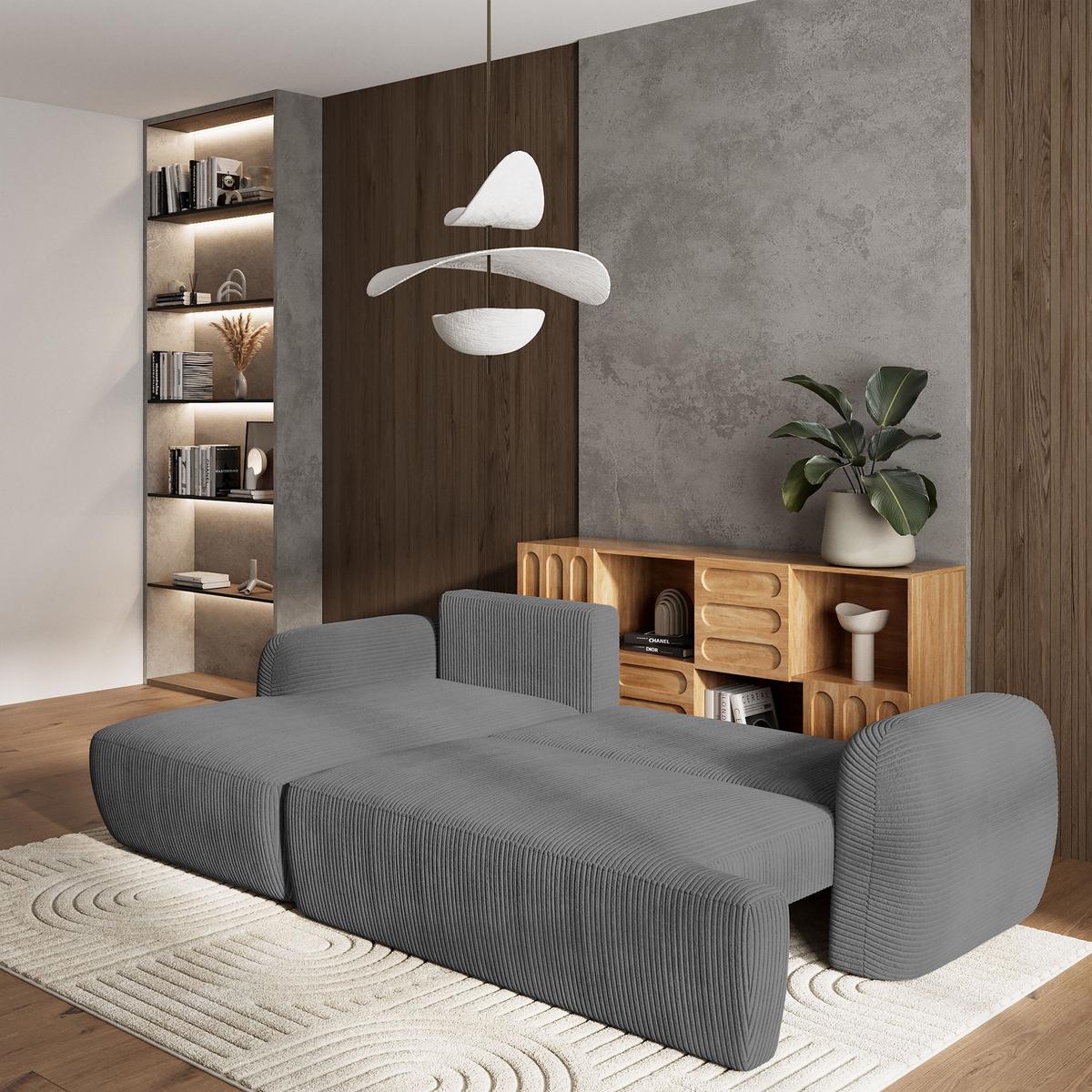 ECKSOFA MODENZA P L-S Grau Kordstoff mit Schlaffunktion - Schwarz/Grau, Holz/Kunststoff (266/148cm) - MASSENO