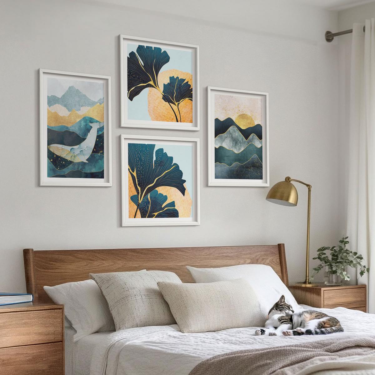 BILDER SET 4er Set - 50x50 cm & 40x60 cm Weißer Rahmen - Abstrakte ästhetische Berge - Weiß, Kunststoff (50/50cm) - TULUP