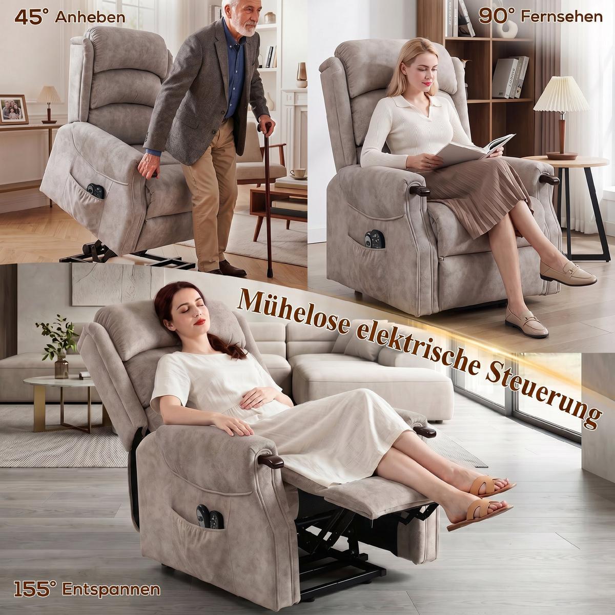 FERNSEHSESSEL-MIT-AUFSTEHHILFE Polyester Metall Hellgrau - Hellgrau/Naturfarben, Holz/Textil (79/111/93cm) - HOMCOM