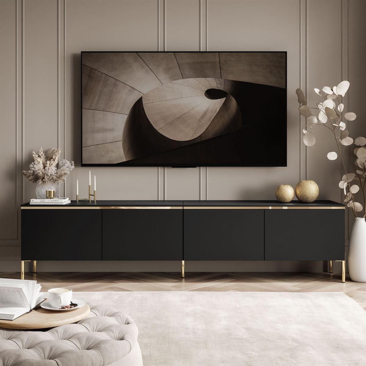 TV-SCHRANK CELINE 200 cm schwarz matt auf gerade goldenen Füßen - Schwarz, Holzwerkstoff (200/49/40cm) - Lookway